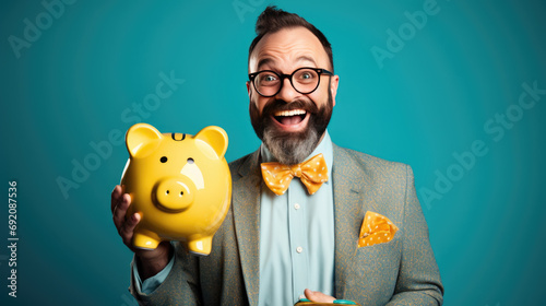 Smiling middle age man holding a piggybank