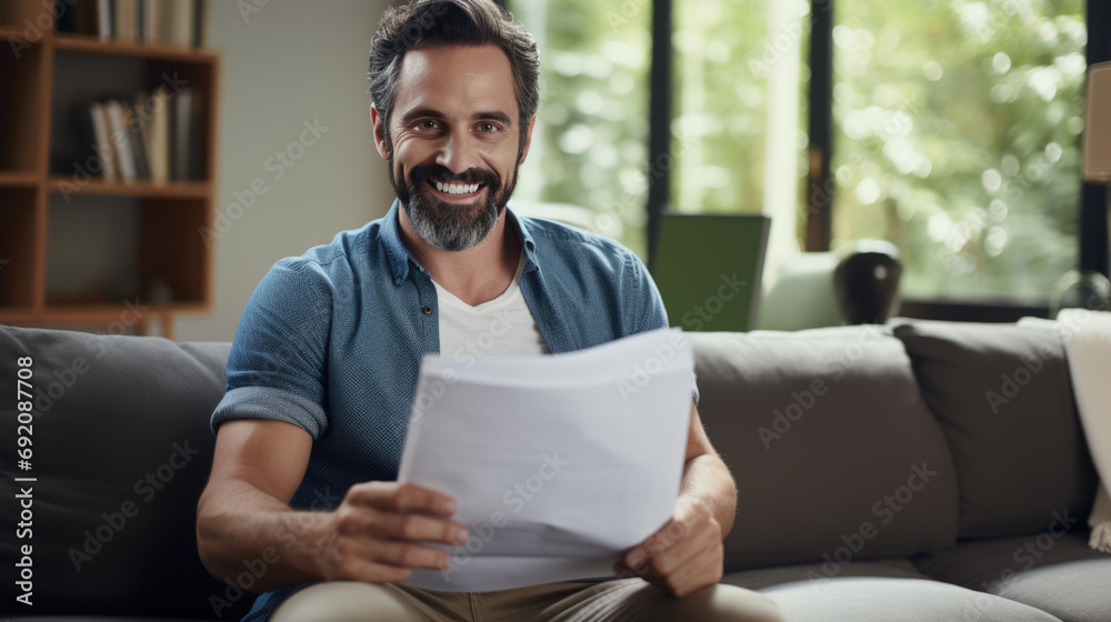 Cheerful man sitting comfortably on a sofa, holding and reading a document, with a bright and friendly smile. Cheerful man sitting comfortably on a sofa, holding and reading a document, with a bright and friendly smile.
