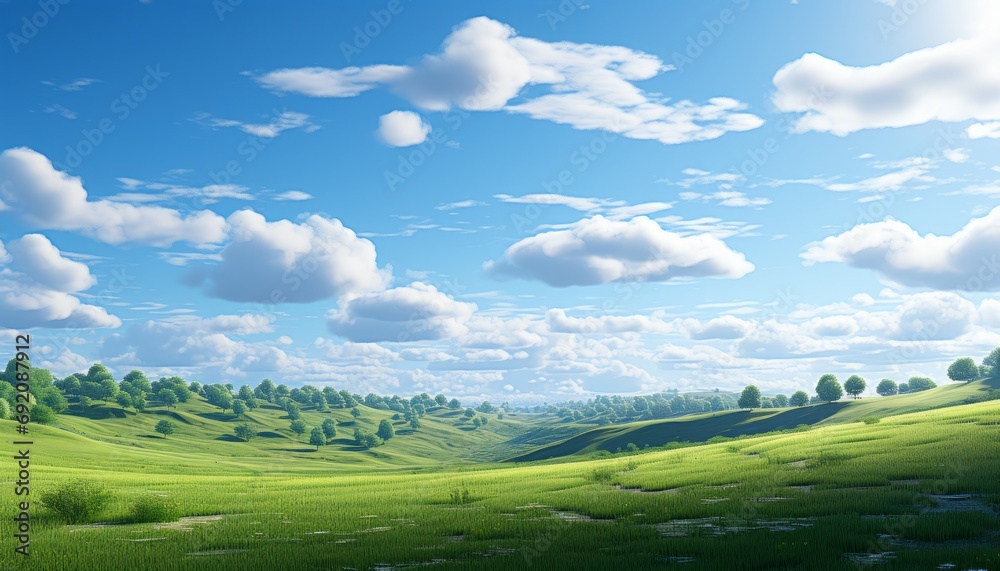 Obraz premium Majestic panoramic view of vast green fields and serene blue sky with fluffy white clouds
