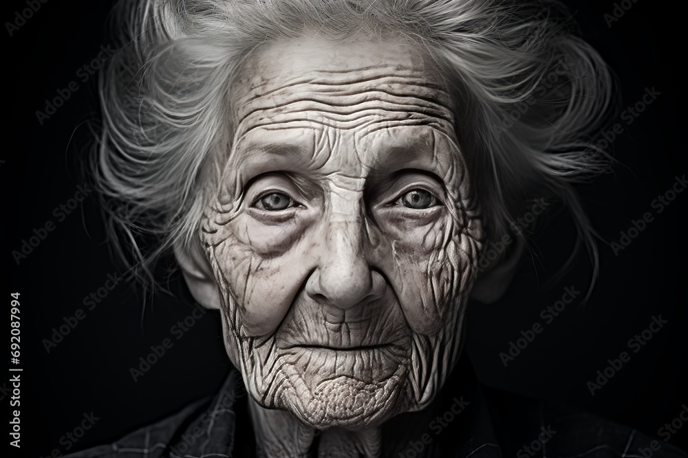 Wrinkled face of a very old woman in close-up. Age-related changes. Women's health. Taking care of the health of the elderly