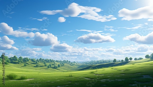 Majestic panoramic view of vast green fields and serene blue sky with fluffy white clouds