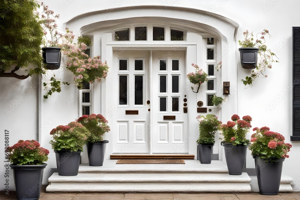 An inviting white front door adorned with small square decorative windows and complemented by charming flower pots. 