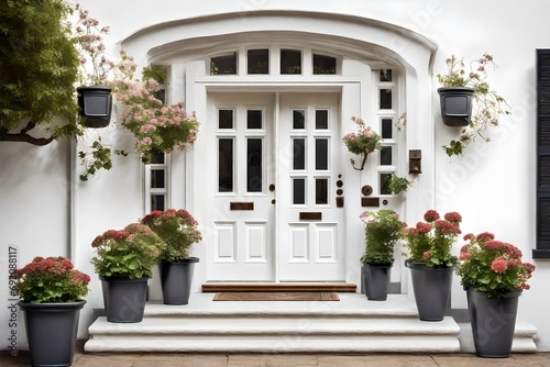 An inviting white front door adorned with small square decorative windows and complemented by charming flower pots. 