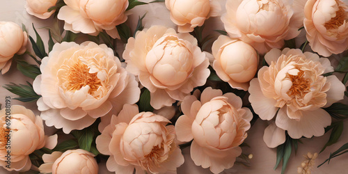 A close up of pastel peach peonies, top view. Floral background for holiday banners, posters, cards photo