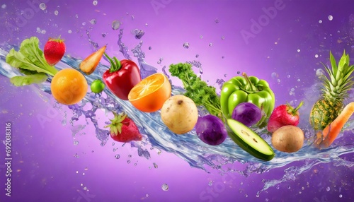 Fruits and vegetables flying with water splash purple background 
