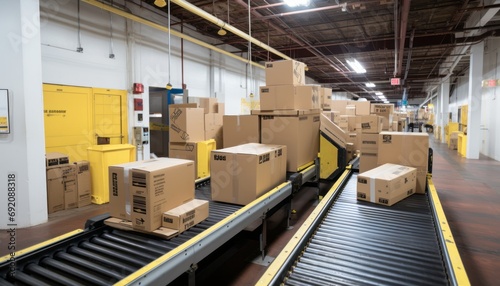 Efficient warehouse fulfillment center with seamless conveyor belt transporting packages