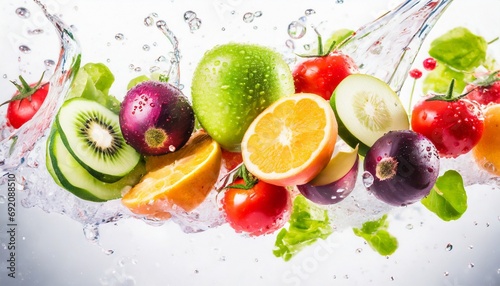 Fruits and vegetables flying with water splash white background