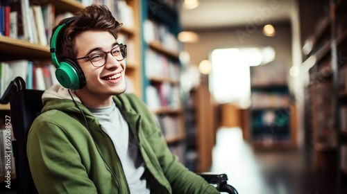 Cheerful young person in a wheelchair wearing headphones, sitting in a library with bookshelves in the background.