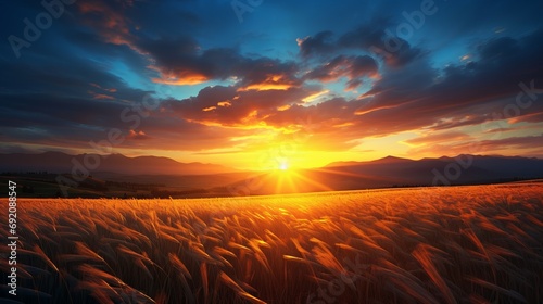 Exquisite sunrise reveals serene countryside with vibrant wheat fields and clear blue sky