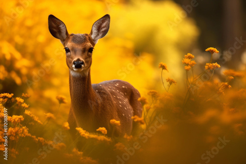 Portrait of a young roe deer. Animal in the wild. Roe deer hunting. Hunting season.