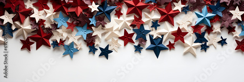 4th of July American Independence Day. Happy Independence Day. Red, blue, and white star confetti, and paper decorations on a white background. Flat lay, top view.