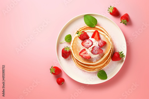 Plate with tasty pancakes and strawberries on color background, top view