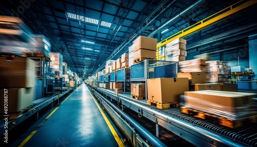 Dynamic conveyor belt transporting cardboard box packages in busy warehouse fulfillment center