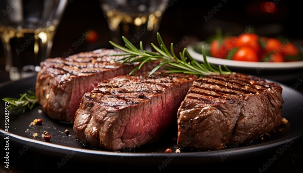Perfectly cooked juicy ribeye steak slices close up of mouthwatering tenderness and rich flavor