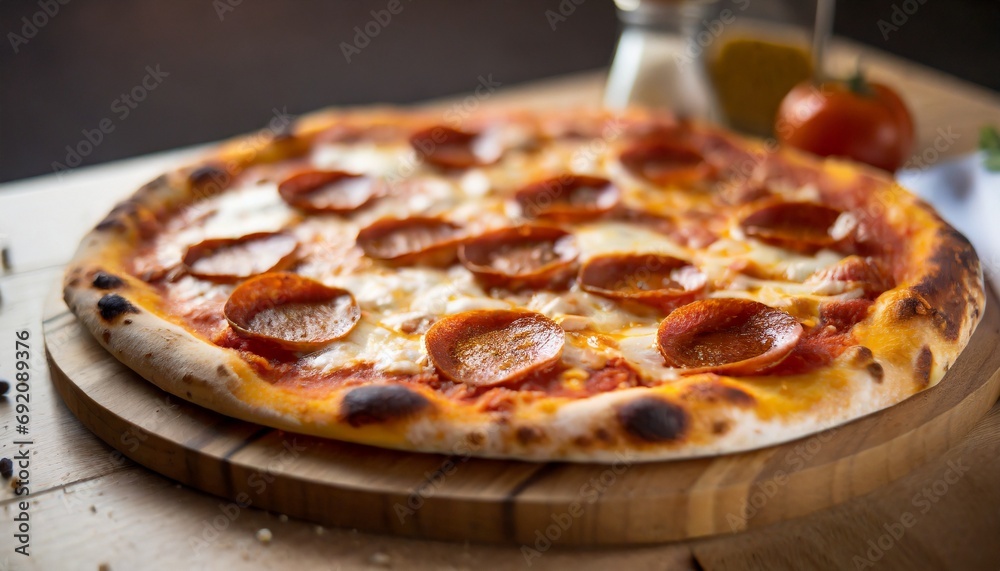 Pepperoni pizza on wooden board 
