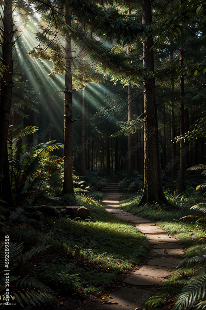 Fototapeta premium Morning in the Woods, A Generative AI's Mythical Forest Symphony in Hypermaximalist Splendo