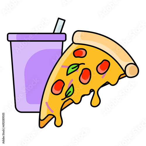 Pizza Slice with Melting Cheese concept,  hot and freshly baked pizzeria piece vector color icon design, Fastfood symbol, Grab and go meals sign, Takeout takeaway snack stock illustration 
