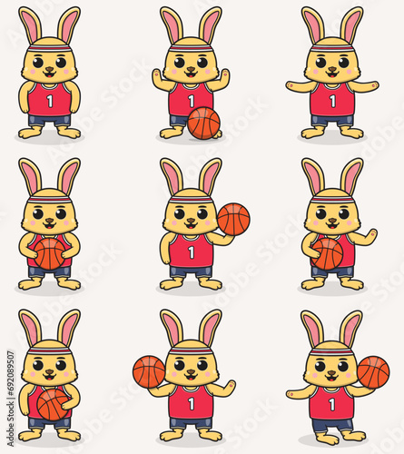 Funny Rabbit Basketball cartoon set. Rabbit Basketball set. Cute cartoon character vector set isolated on a white background. Cartoon animal sport. Animal cartoon. 