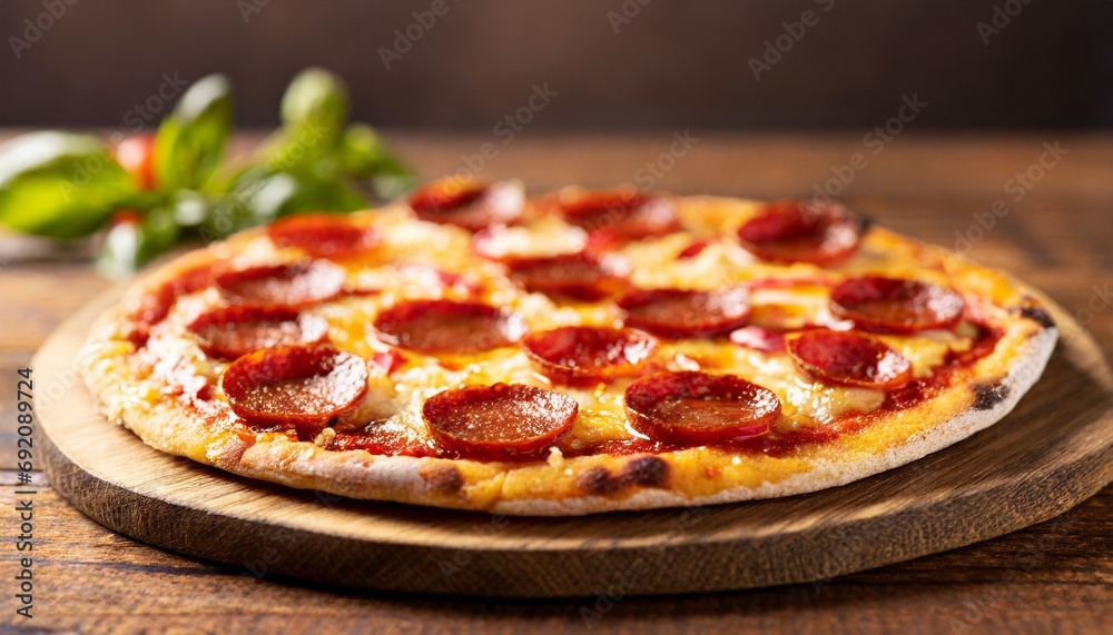 Pepperoni pizza on wooden board 