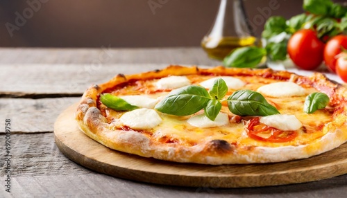 Margherita pizza garnished with fresh basil on wooden board, text space.