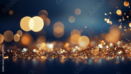 Golden light shine particles on navy blue background with gold foil textureFestive holiday concept.