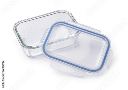 Open empty glass food container with plastic lid