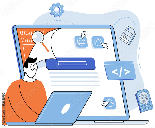 Application testing metaphor. Vector illustration. Application testing, meticulous process to ensure flawless user experiences App test, litmus paper of apps performance Software testing, guardiangel