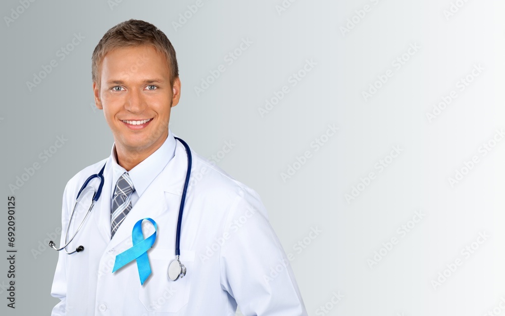 doctor in a coat with Blue ribbon, Colon cancer,