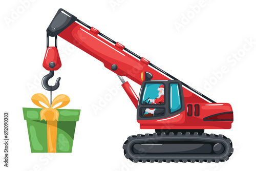Santa Claus driving a telescopic crane crawler or chain crane lifting a gift box. Merry christmas. Celebrating the beginning of a happy new year. Heavy machinery in the construction industry
