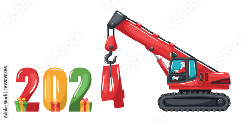 Santa Claus driving red crawler or chain telescopic crane placing the year 2024. Merry christmas. Celebrating the beginning of a happy new year. Heavy machinery used in the construction industry