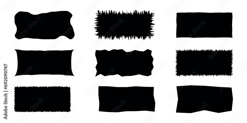 Set of 9 black zigzag edge rectangle shapes. Frames with jagged edgesTorn paper pieces. vector illustration Set of 9 black zigzag edge rectangle shapes. Frames with jagged edgesTorn paper pieces. vector illustration