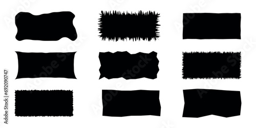 Set of 9 black zigzag edge rectangle shapes. Frames with jagged edgesTorn paper pieces. vector illustration