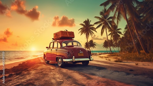 old retro vintage car at sunny beach with palm trees and sea, travel and adventure concept, road trip to ocean © goami