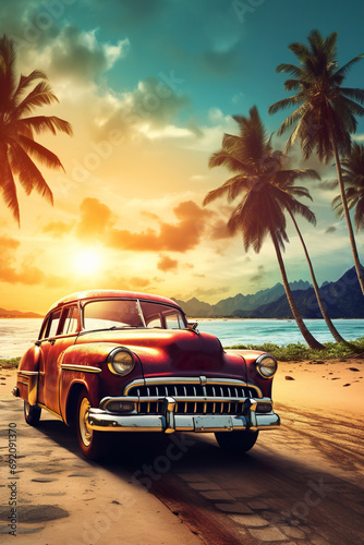 old retro vintage car at sunny beach with palm trees and sea, travel and adventure concept, road trip to ocean © goami