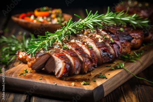 Close up view of succulent roasted sliced barbecue pork ribs with tender, flavorful sliced meat