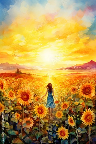 illustration of young beautiful woman walking by bright and vivid sunflower field at sunset  freedom and joy concept