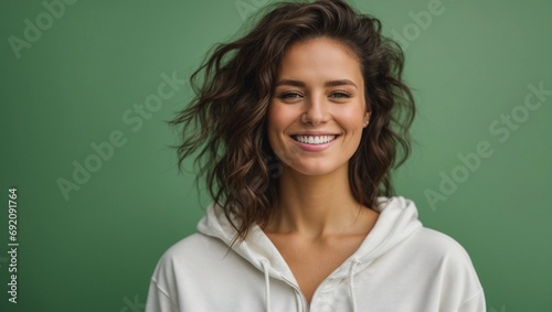 smiling brunette caucasian Woman wearing blank white hoodie isolated on solid bright green background