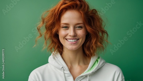 smiling redhead caucasian Woman wearing blank white hoodie isolated on solid bright green background