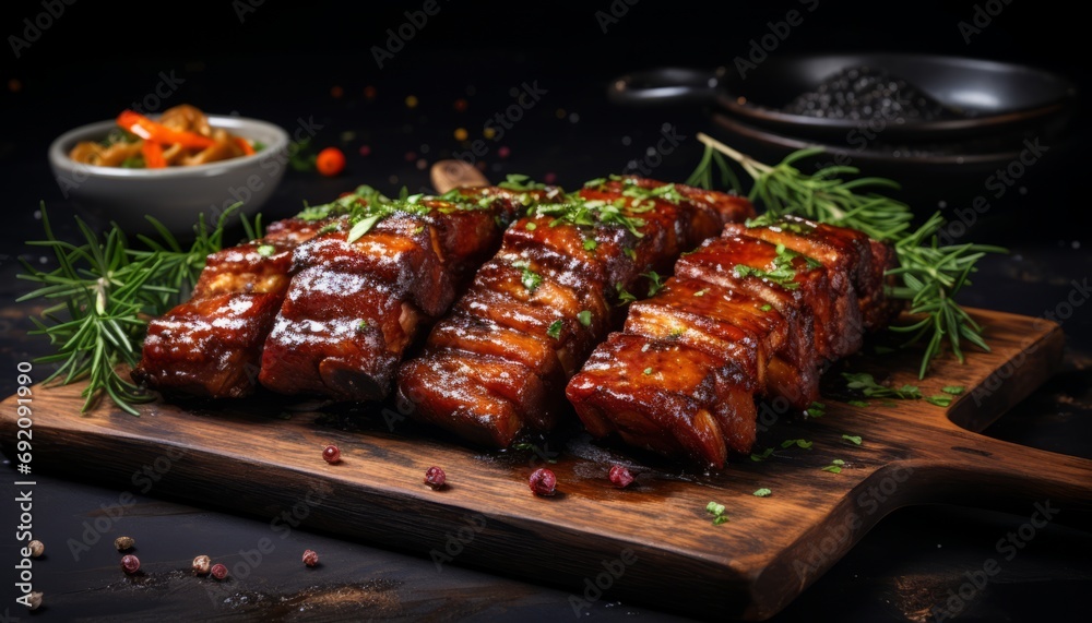 Savor the extraordinary flavors of tender and juicy roasted barbecue pork ribs slices up close