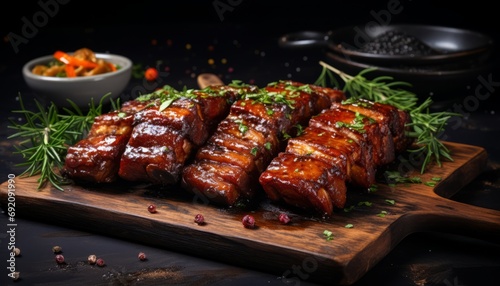 Savor the extraordinary flavors of tender and juicy roasted barbecue pork ribs slices up close