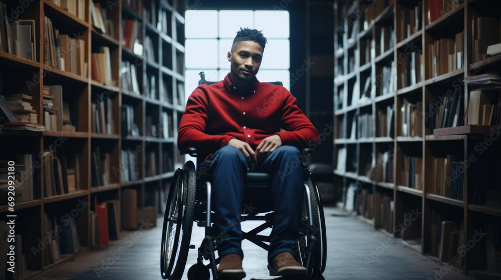 Obraz premium Young person in a wheelchair reading a book in a library, surrounded by shelves filled with books.