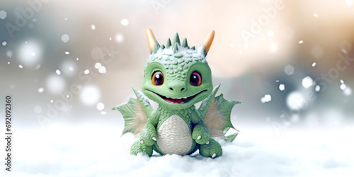 Winter season greeting banner  snowy landscape  empty banner background  green baby dragon