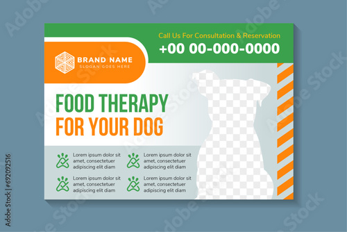 modern pet shop horizontal banner, Pet care service social media post Template or web page cover with space for photo. promotional banner ads design. the headline is food therapy for your dog. 