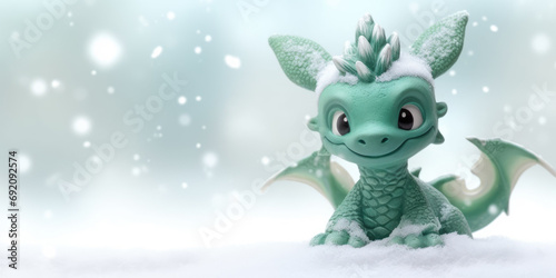 Winter season greeting banner, snowy landscape, empty banner background, green baby dragon