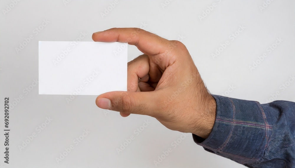 Obraz premium Man hand holding a blank card isolated on a white background