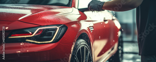 Automobile dealer washing a luxury car. Red car wash close up. copy space for text. © Michal