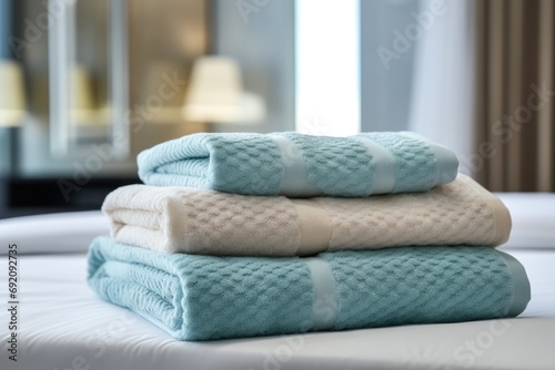 Clean towels on bed at hotel room
