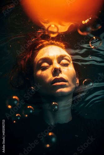 Generative AI image of woman submerged in water with bubbles photo