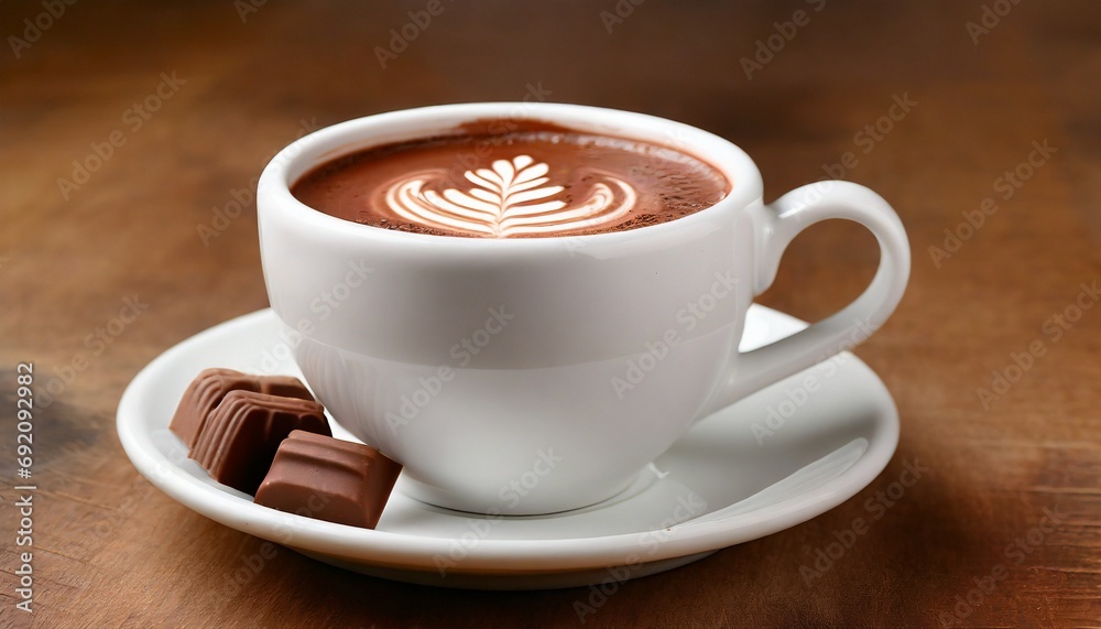 White cup of hot chocolate on wooden table White cup of hot chocolate on wooden table