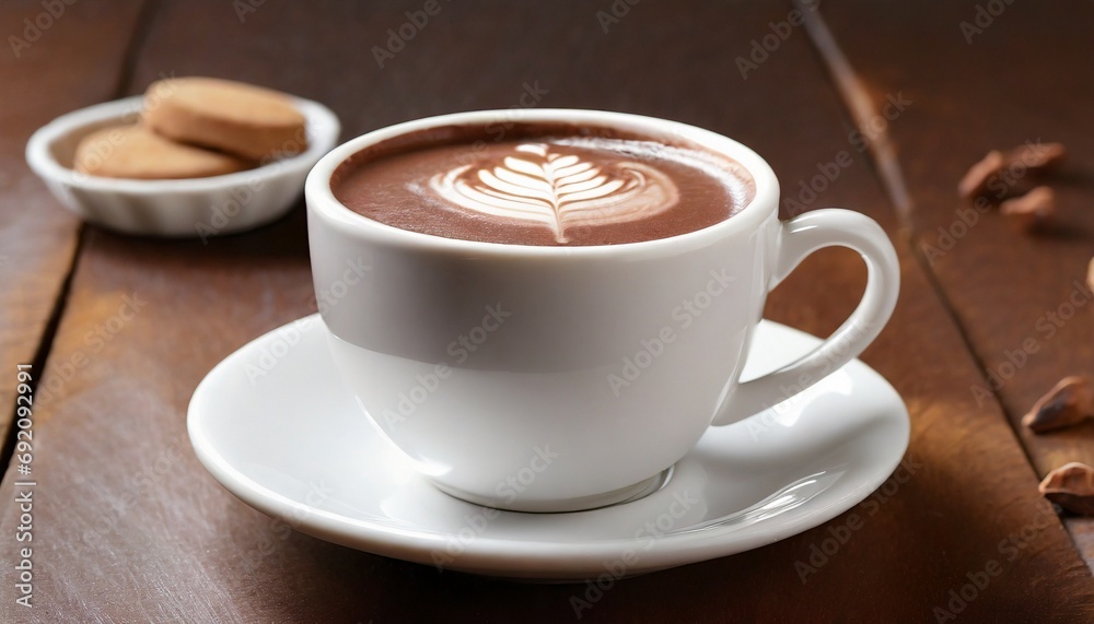 White cup of hot chocolate on wooden table White cup of hot chocolate on wooden table